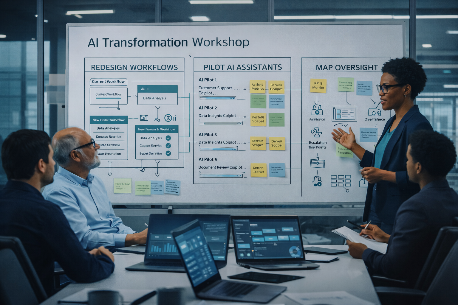 AI transformation workshop with diverse professionals reviewing workflow redesign